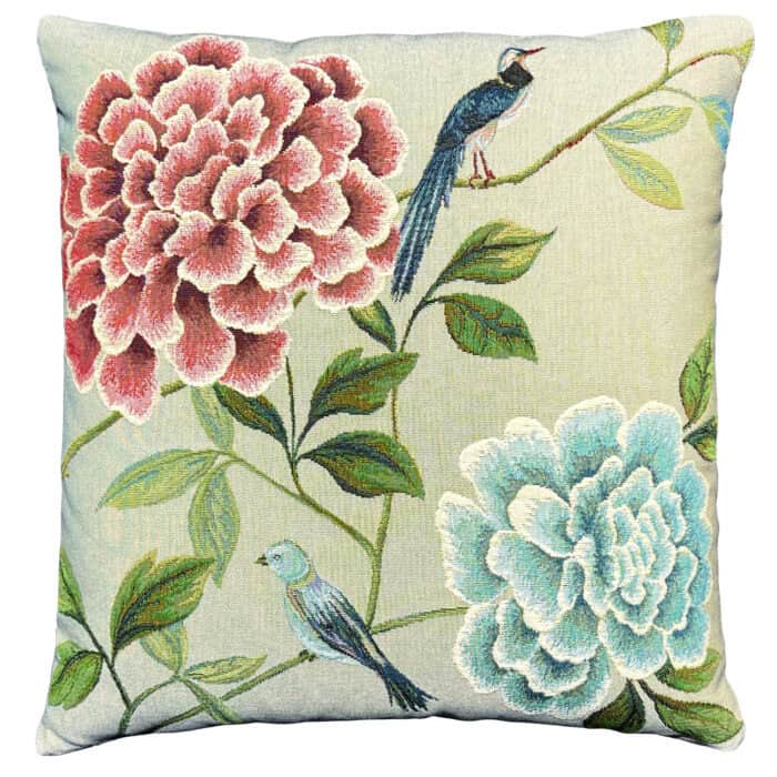 Birds and Flowers Blue and Pink Cushion