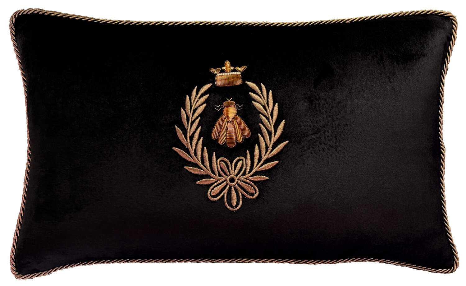 Old Gold Bee and Crown with Pink Gold Wreath on Black Velvet Rectangle Cushion