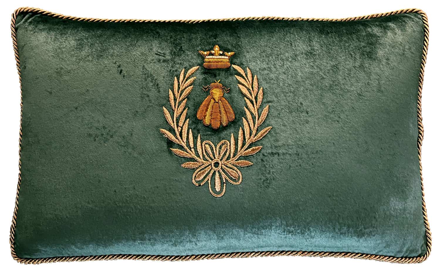 Old Gold Bee and Crown with Pink Gold Wreath on Midnight Velvet Rectangle Cushion